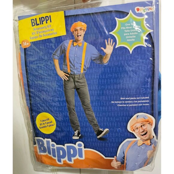 Blippi Adult Costume Kit Orange Suspenders Bow Tie Hat Glasses Funny Kids Party - Picture 1 of 3